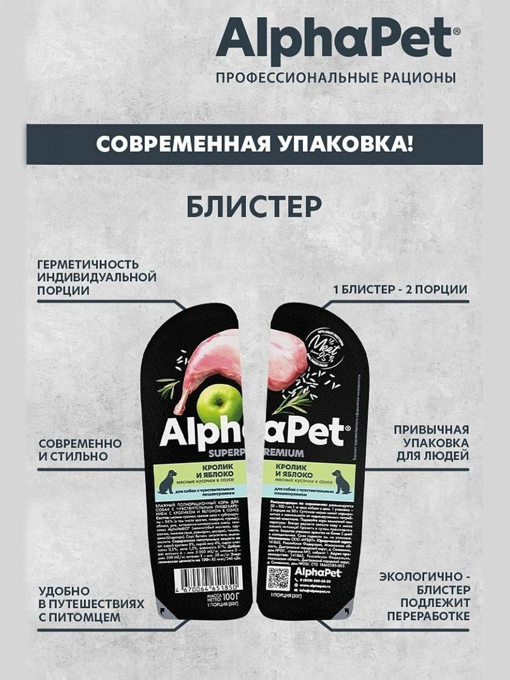 Влажный полнорационный корм для собак AlphaPet Superpremium, кролик и яблоко, мясные кусочки в соусе 100гр. 15 упаковок