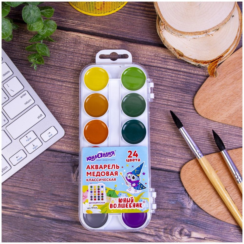 Краски акварельные ЮНЛАНДИЯ "ЮНЫЙ ВОЛШЕБНИК", медовые, 24 цвета, КЛАССИЧЕСКИЕ, пластик, 191325