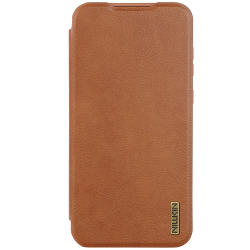 Кожаный чехол книжка коричневого цвета от Nillkin для Samsung Galaxy A56 5G, серия Qin Pro Leather с защитной шторкой для камеры