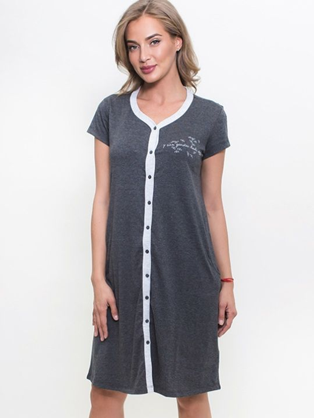 Уютный домашний халат на пуговицах (Размер: S) (Цвет: темно-серый)