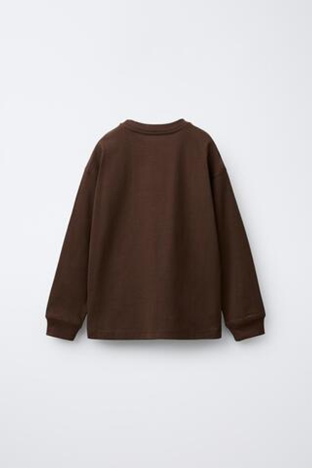 ZARA ФУТБОЛКА HEAVY WEIGHT С ВЫШИТОЙ НАДПИСЬЮ, КОРИЧНЕВЫЙ