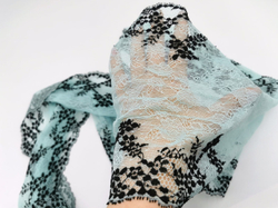 Эластичное кружево, ОПТ, 22 см, мята с черными цветочками (Арт: EK-2639), м