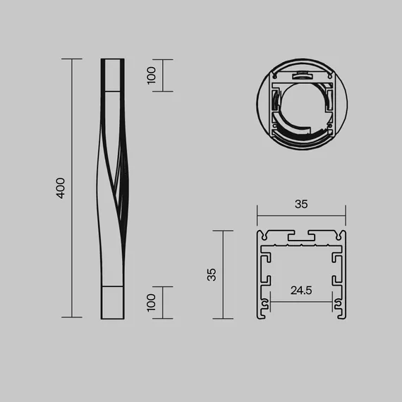 Радиусный профиль 35x35 Скрученный левый черный Led Strip alm-3535r-b-tl-90°-0.4m