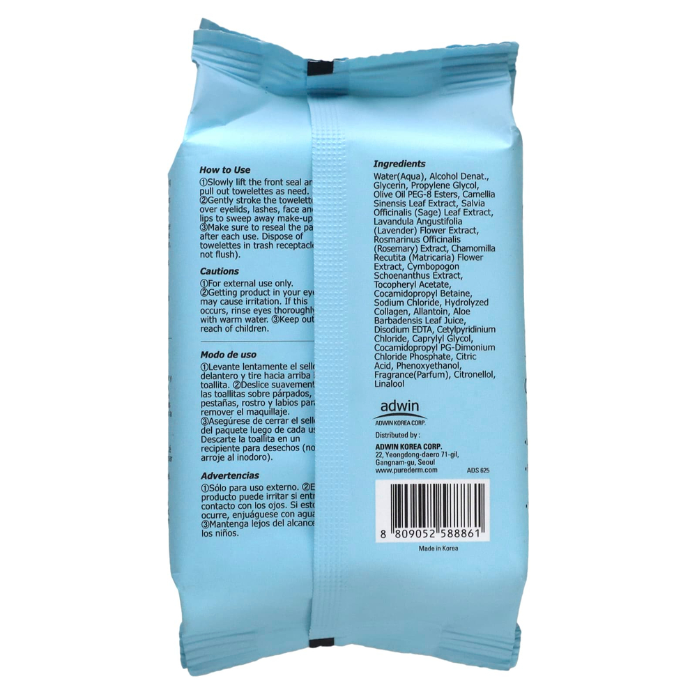 Purederm, Очищающие салфетки для снятия макияжа, коллаген, 30 влажных салфеток