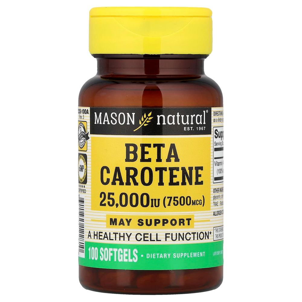 Mason Natural, Бета-каротин, 7500 мкг (25000 МЕ), 100 мягких таблеток