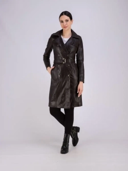 Тренч длинный кожаный с поясом плащ на весну