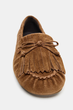 ZARA ЗАМШЕВЫЕ ЛОФЕРЫ С БАХРОМОЙ, ТЕМНЫЙ РЫЖЕВАТО-КОРИЧНЕВЫЙ