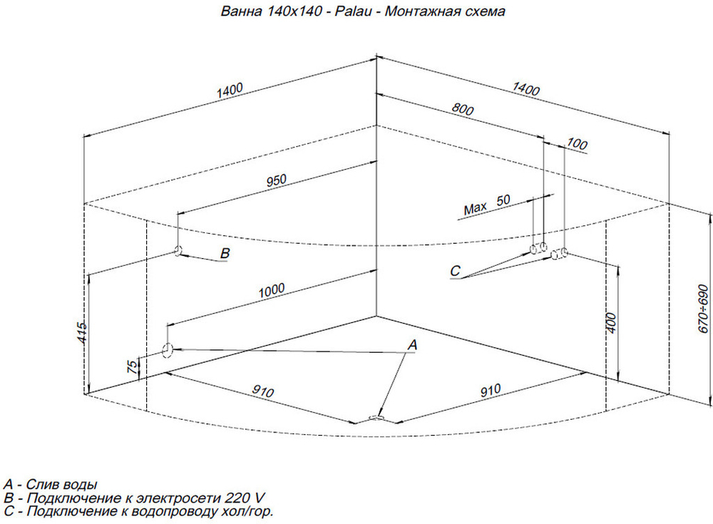 Акриловая ванна Aquanet Palau 140x140 (с каркасом)