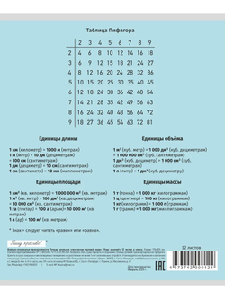 Набор тетрадей в клетку (таблица Пифагора), 12 л, голубая обложка, 20 шт