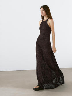 Massimo Dutti Длинное вязаное платье из смесовой хлопковой ткани, коричневый