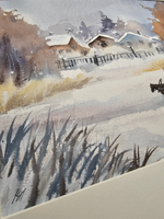 Картина авторская акварельная в паспарту 30х40 см на стену для интерьера "Зима в селе"