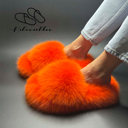 Шлепанцы из меха песца | Оранжевый