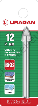 URAGAN 12 мм, 2х кромка, цилиндр хвостовик, Сверло по стеклу и кафелю (29830-12)