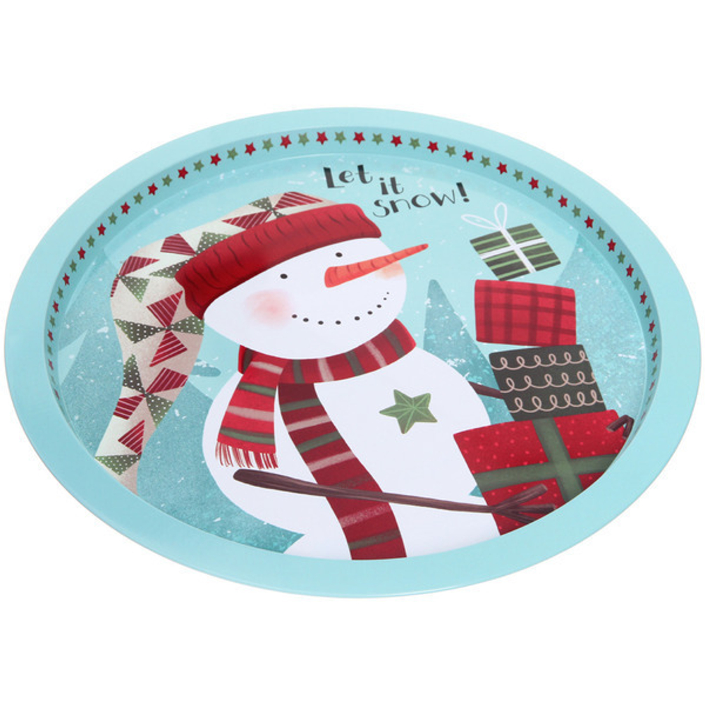Поднос жестяной 32см «Снеговичок с подарками»