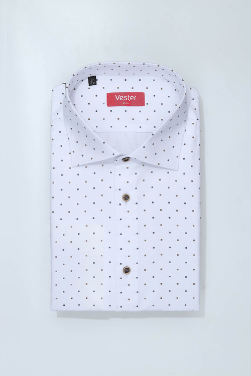 Сорочка мужская VESTER короткий рукав, цвет белый с синим и коричневым геометрическим рисунком 72914 35