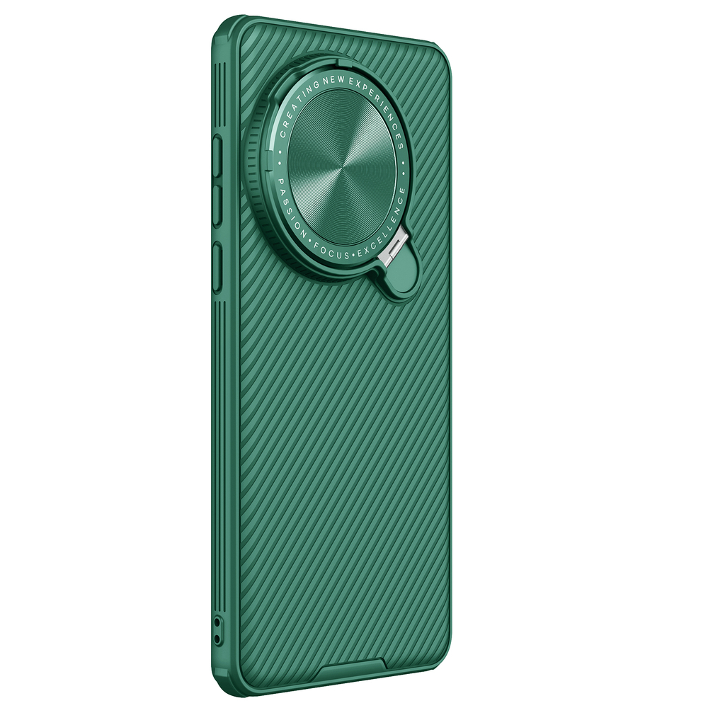 Чехол зеленого цвета (Dark Green) от Nillkin на OnePlus 13 с металлической откидной крышкой и поддержкой магнитной беспроводной зарядки MagSafe, серия CamShield Prop Magnetic Case