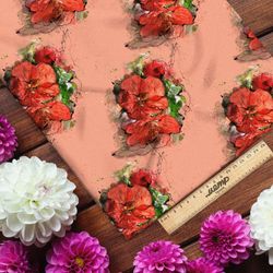 Ткань кулирная гладь красные цветы на оранжевом фоне