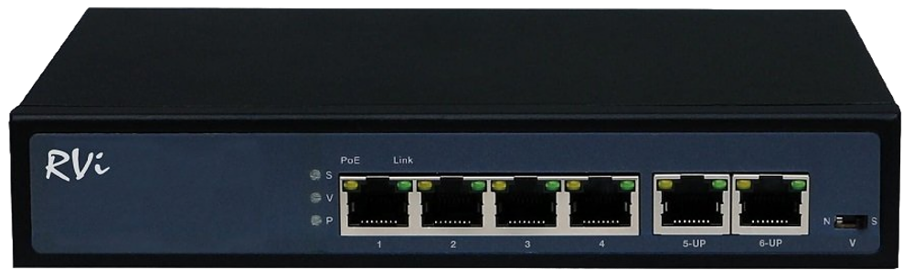 RVi-1NS04F-2T Сетевой коммутатор 6 портов, 4 PoE, 2 RJ-45,