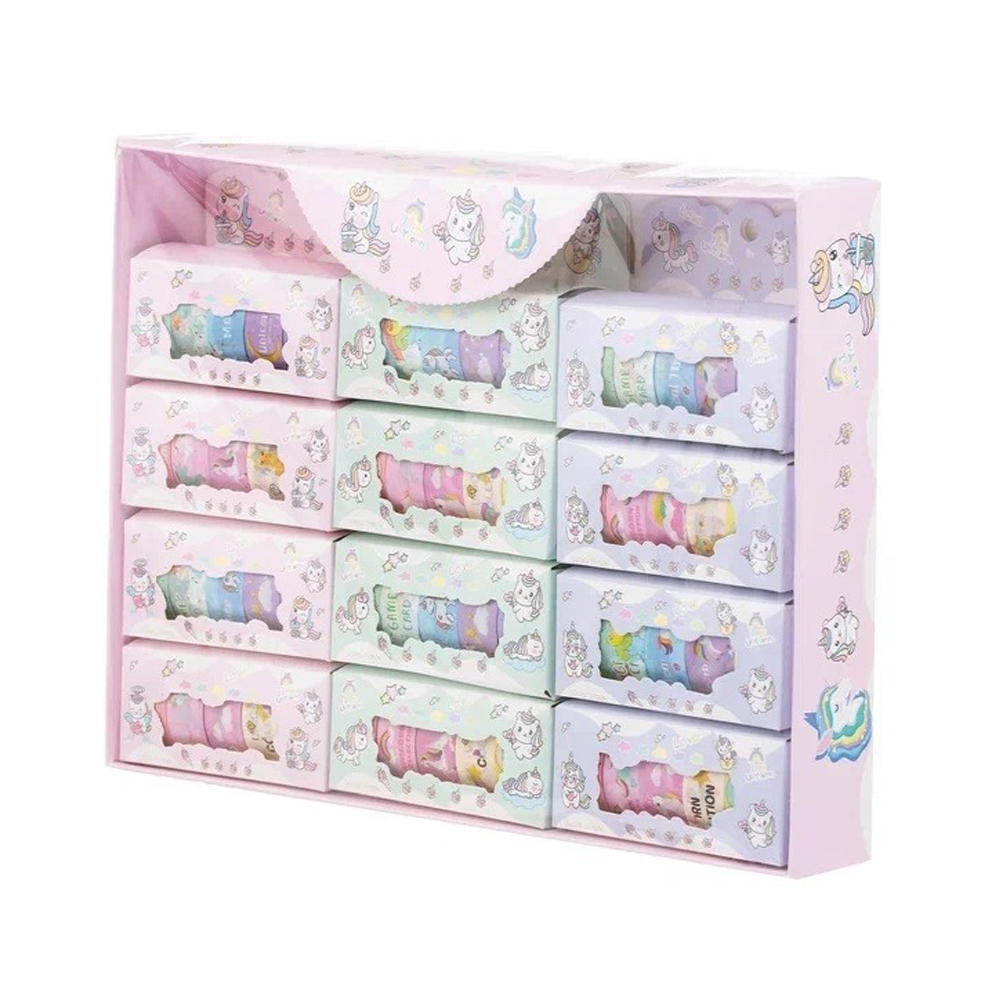 Клейкая лента (скотч) декоративная Basir, цветная, с рисунком - единороги, 15 мм, 2 м, набор - 5 шт