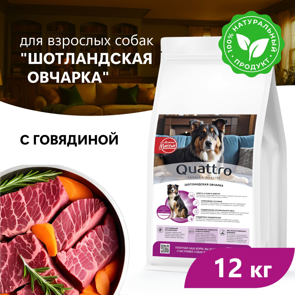 Корм сухой для взрослых собак породы Шотландская овчарка, премиум полнорационный комплекс, с говядиной, 12 кг, QUATTRO