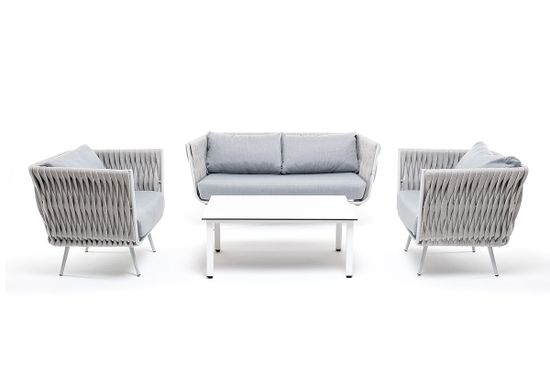 "Монако" лаунж-зона 4-местная из роупа со столом "Верона" (серый гранит), каркас светло-серый, роуп светло-серый