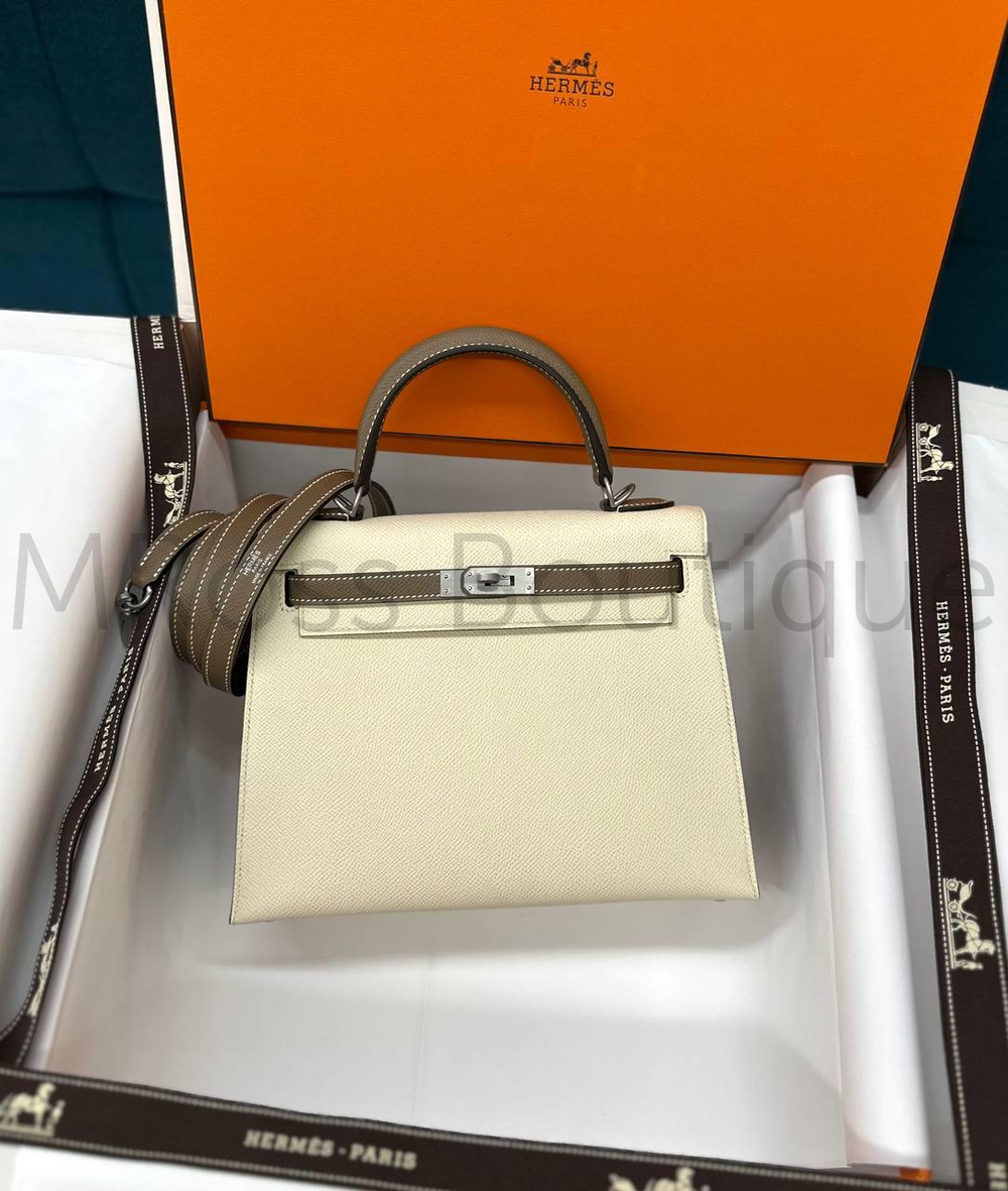 Сумка Hermes Kelly женская в молочном цвете с коричневой ручкой