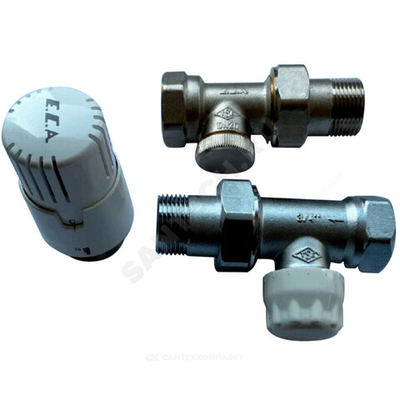 Комплект для бок/п радиатора термостатический жид/нап для двухтр Ду 20 Ру10 прямой гайка М30х1,5 6-28oC без преднастройки штуцер без уплотнения E.C.A. 802120097