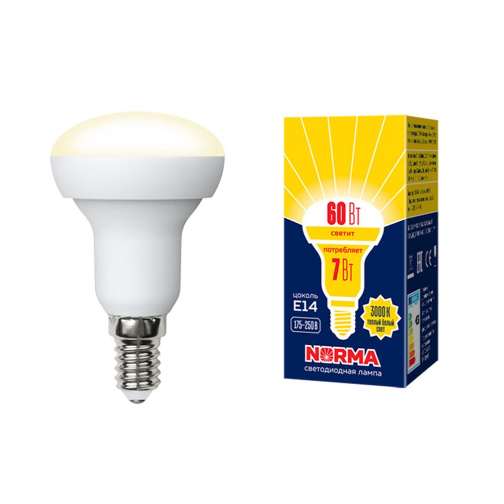 LED-R50-7W/WW/E14/FR/NR Лампа светодиодная. Форма Рефлектор, матовая. Серия Norma. Теплый белый свет (3000K). Картон. ТМ Volpe