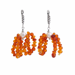 Серьги бантики из янтаря и жемчуга