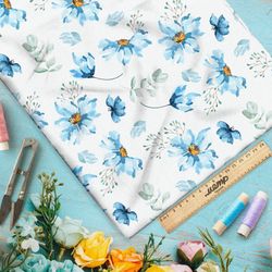 Ткань бифлекс голубые лёгкие цветы