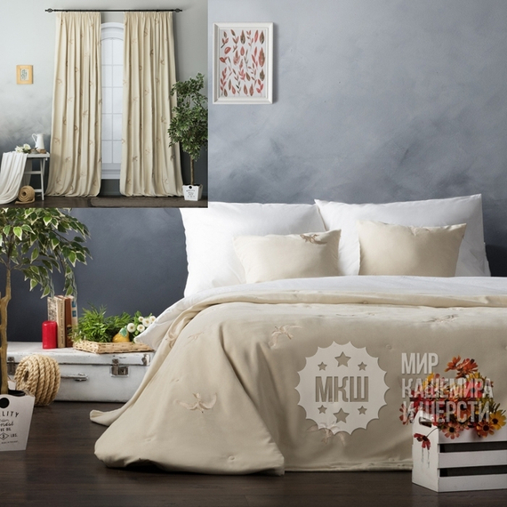 Готовые шторы и покрывало с вышивкой: ЛИБЕРТТ (арт. BL10-264-02) - (145х270)х2 см., покрывало 230х250 см. - сливочный