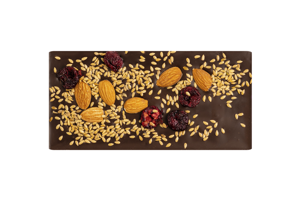Горький Шоколад ручной работы с семенами льна, миндалём и вишней "Монастырский гостинец" 100г