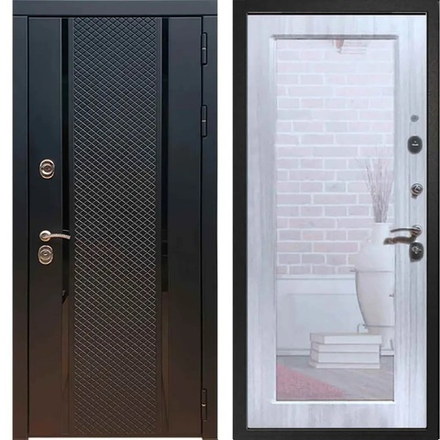 Входная металлическая дверь с зеркалом RеX (РЕКС) 25 кварц черный, фурнитура хром/ Пастораль Сандал белый