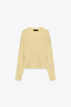 ZARA ВЯЗАНЫЙ КАРДИГАН С БИСЕРОМ, СВЕТЛО-ЖЕЛТЫЙ