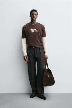 ZARA ФУТБОЛКА С ПРИНТОМ PIZZERIA LA MONTECARLO, КОРИЧНЕВЫЙ