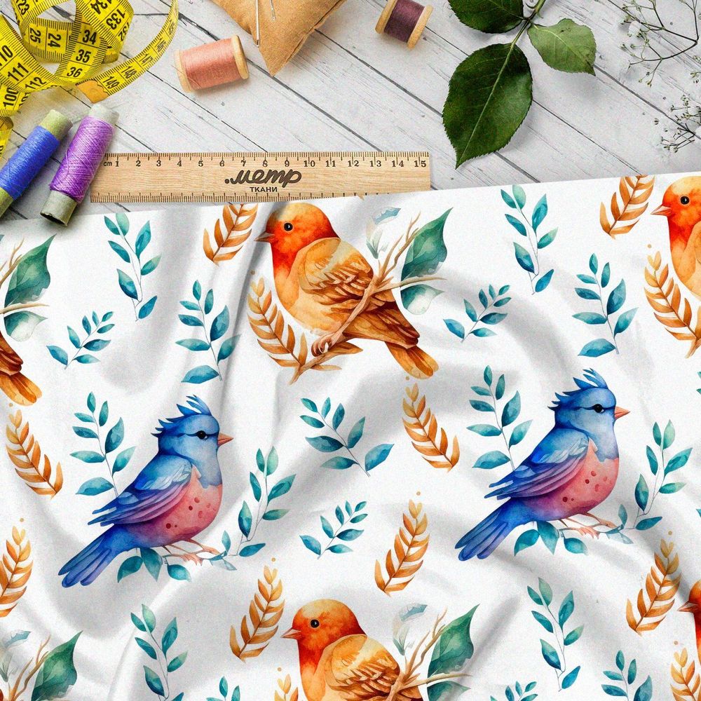 Ткань премиум шелк искусственный Армани садовые птахи