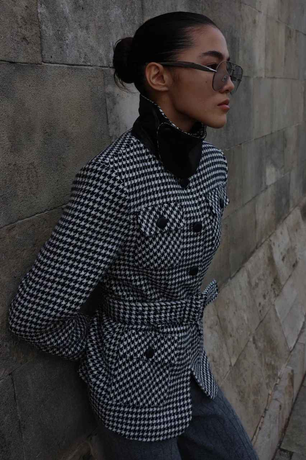 Жакет- пальто из шерсти, Черно-Белый