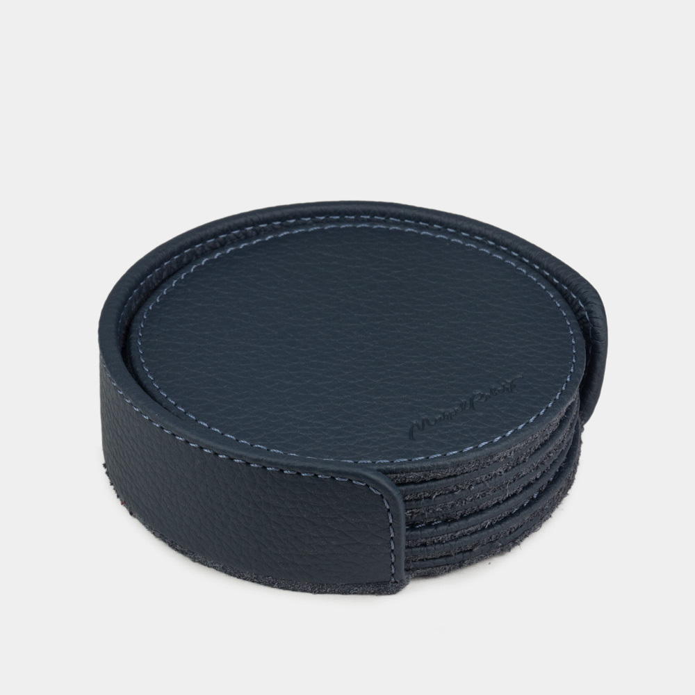 Подставка под подстаканники из натуральной кожи теленка, синего цвета