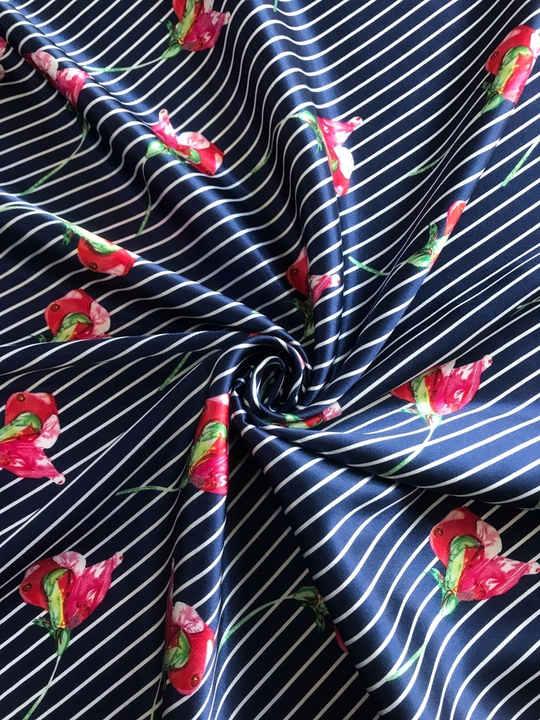 Атлас принт полоска синий/белый, спандекс SATIN D1аС1