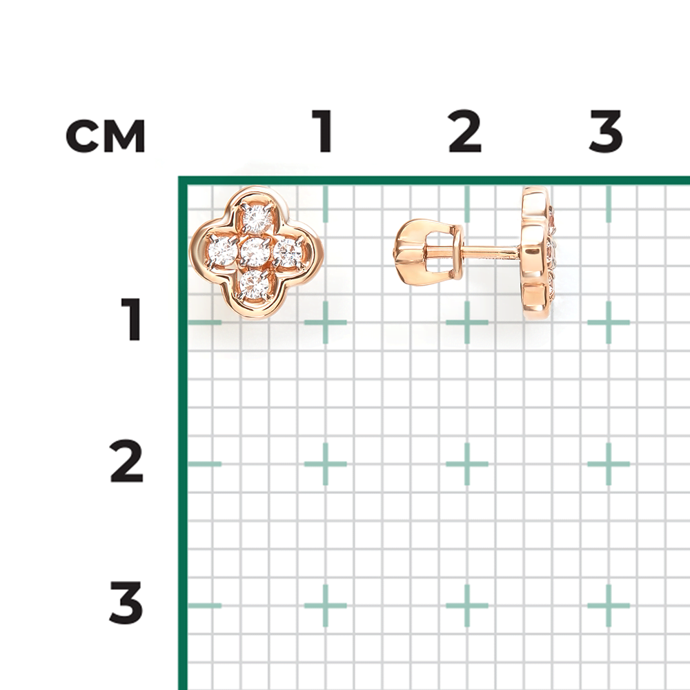 Серьги-пусеты «Клевер» из красного золота с фианитами
