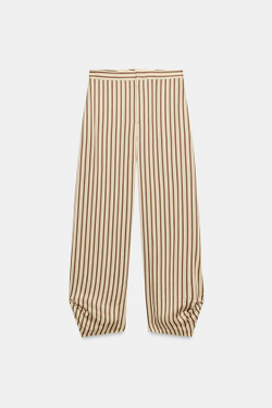 ZARA БРЮКИ BALLOON В ПОЛОСКУ ZW COLLECTION, ЭКРЮ/ГРАНАТОВЫЙ