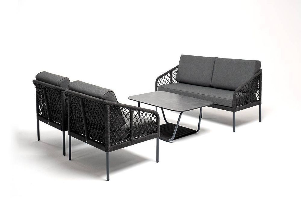 "Канны" диван 2-местный плетеный из роупа (узелки), каркас алюминий темно-серый (RAL7024) муар, роуп темно-серый круглый, ткань темно-серая 027
