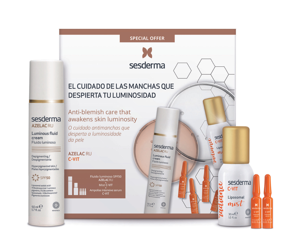 Sesderma Набор подарочный: AZELAC RU SPF50 - Флюид для сияния кожи ,50 мл + C-Vit Мист с витамином С, 30 мл + C-VIT Сыворотка интенсивная 12%, 4 шт по 1,5 мл