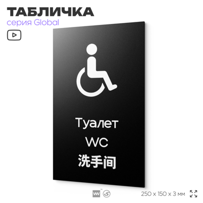 Табличка Туалет, на дверь и стену, информационная и мультиязычная (русский, английский, китайский), серия GLOBAL, 25х15 см, Айдентика Технолоджи