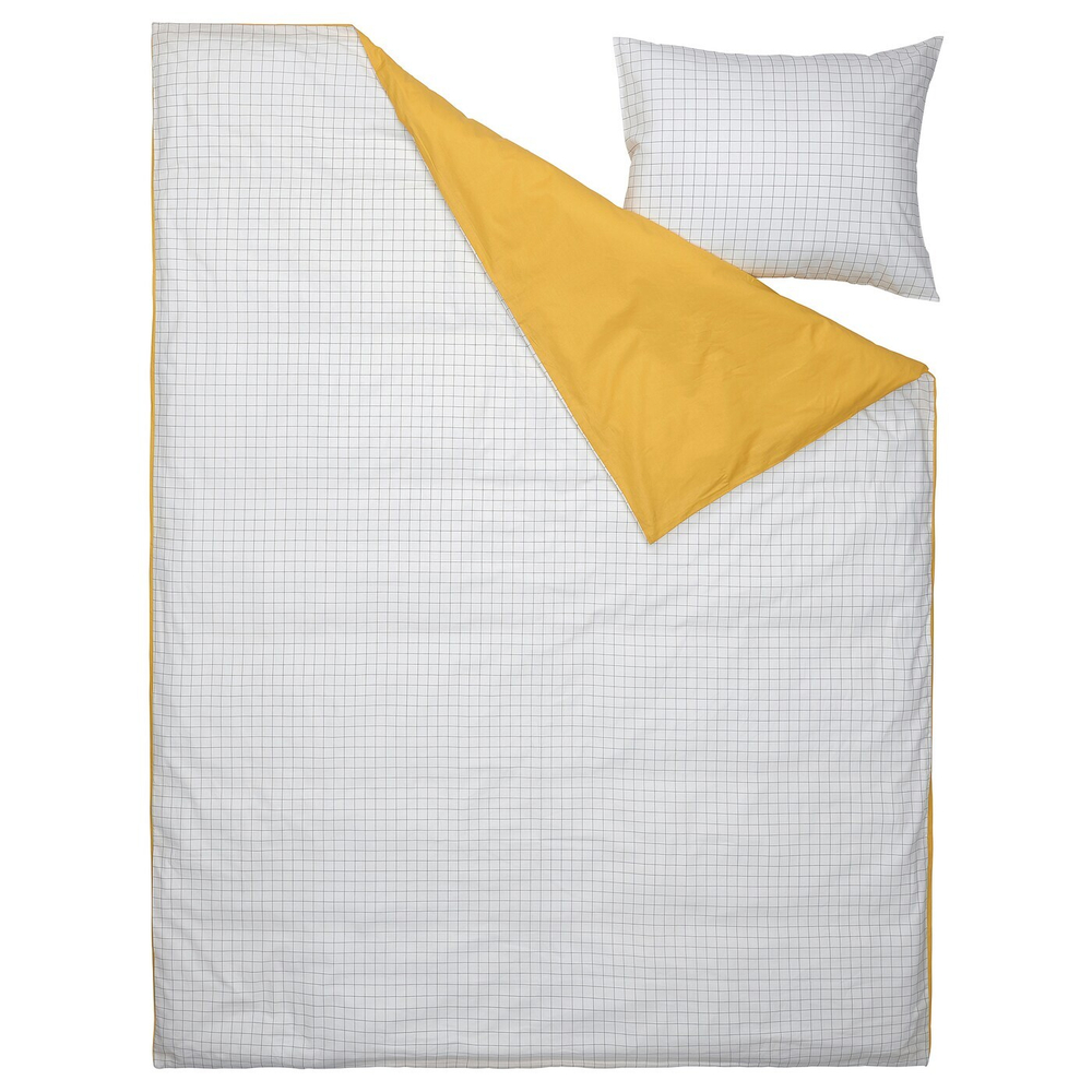 IKEA VÄNKRETS  (ИКЕА ВÄНКРЕТС)  -  Пододеяльник и наволочка, клетчатый белый/желтый, 150x200/50x60 см