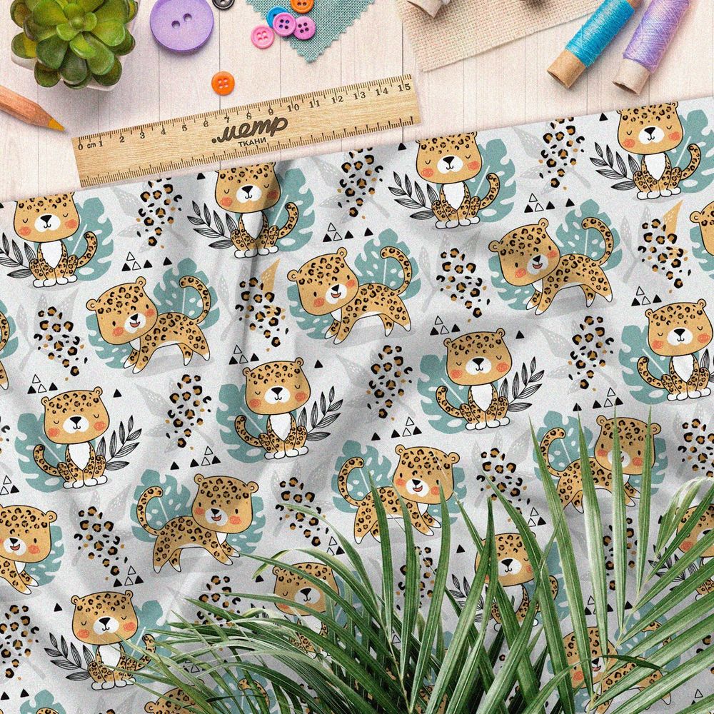 Ткань муслин тигрята на листочках