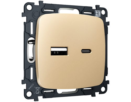 MO611010 Комплект механизма розетки OMEGA Шампань 2USB A+C 20W (быстрая зарядка) QUANT (OP6110, VM177)