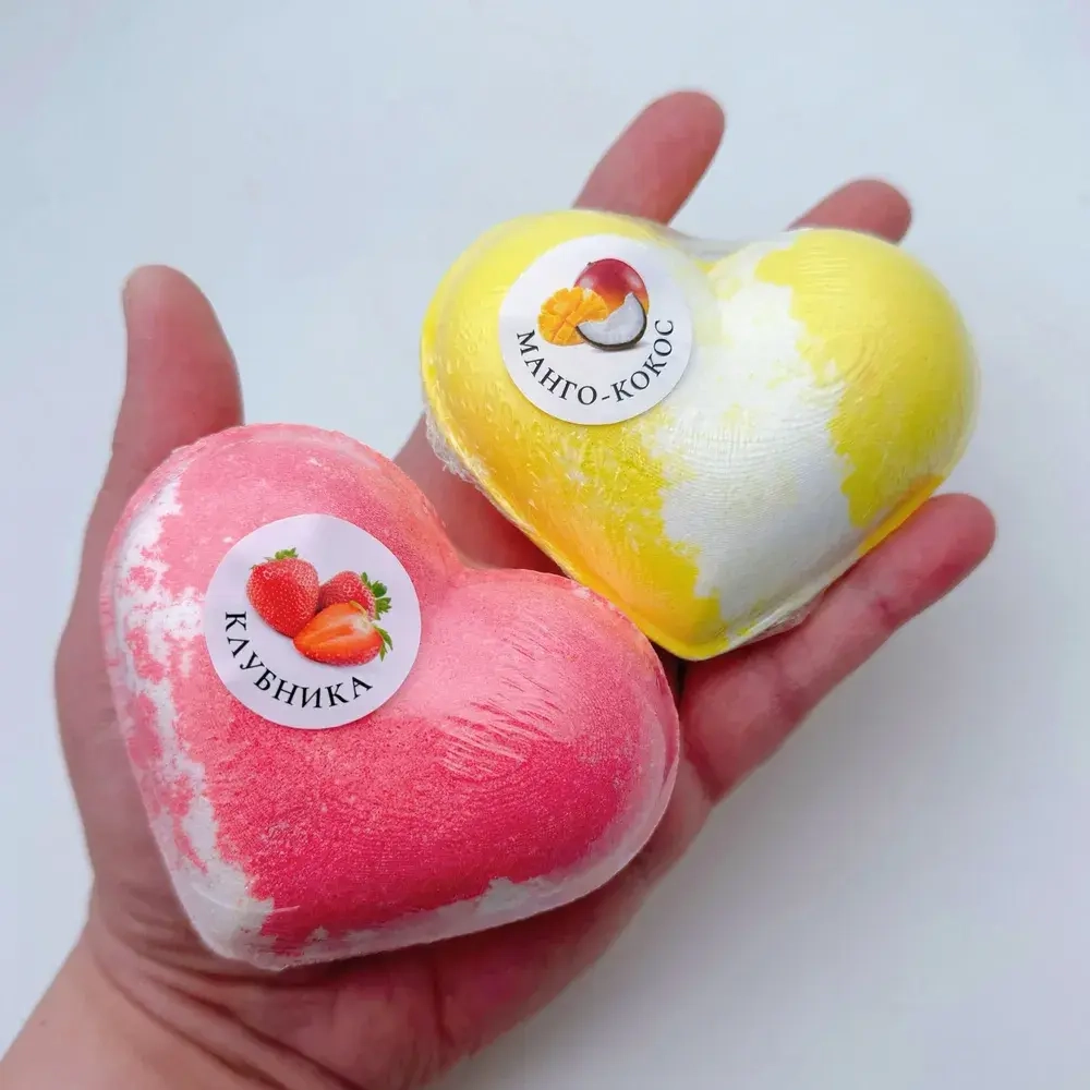 Набор бомбочек "Сердце клубника XL, манго-кокос XL + мыло апельсин