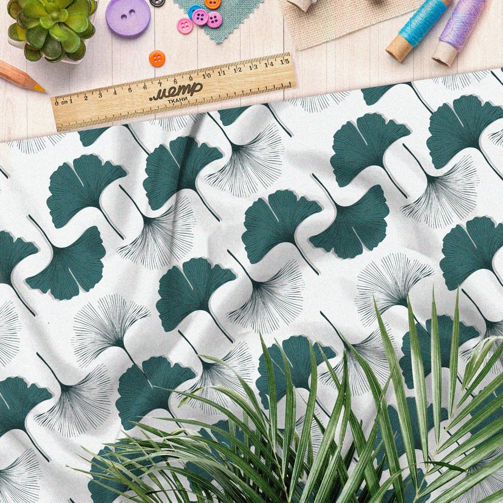 Ткань бязь белые и зеленые листья