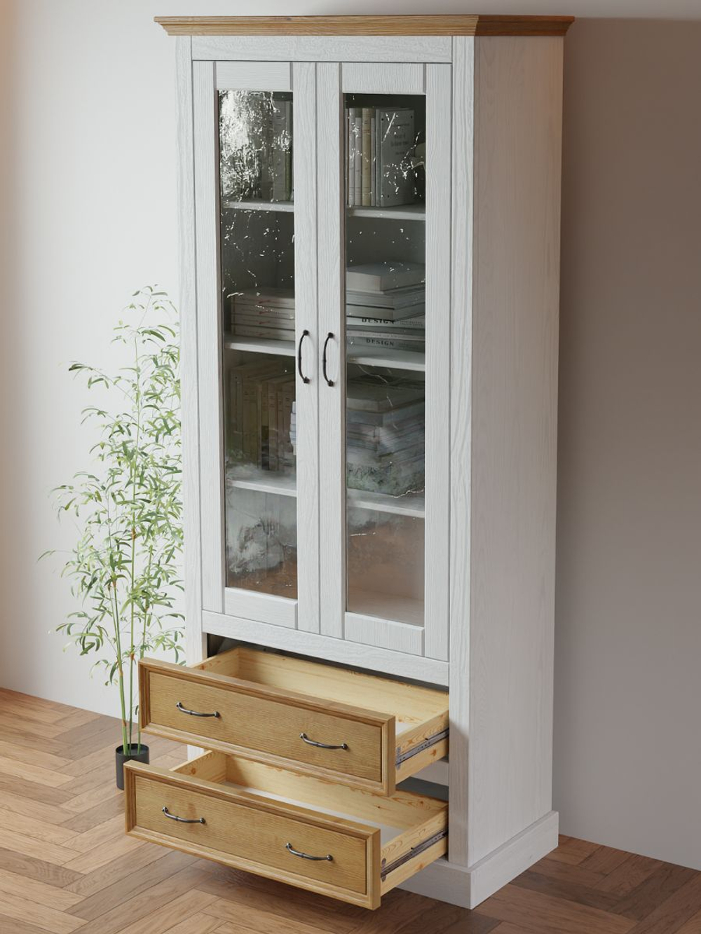 Шкаф витрина 80х38х180, Ландхаус, стеклянная для посуды, 2 двери 2 ящика для вещей, буфет для кухни, массив сосны, белый, Dipriz
